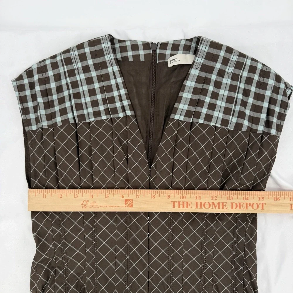 Tory Burch Sz 4 Plaid 100% Silk V Neck Claire McCardell Pleated Midi Dress